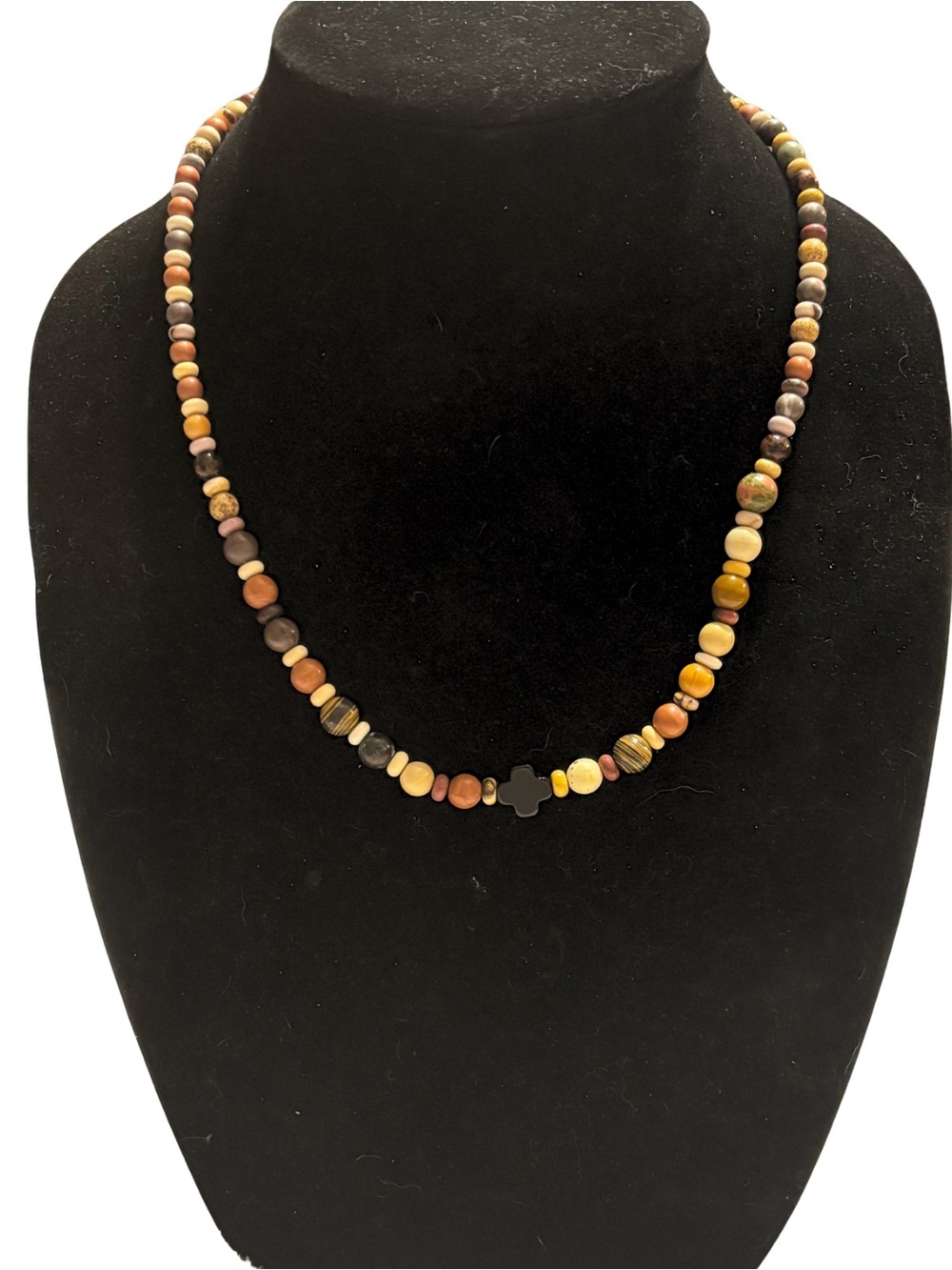 Handcrafted Multicolor Tribal Beaded Necklace with Black Onyx Cross Accent